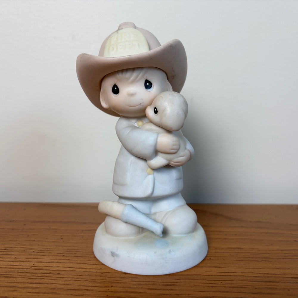 Precious Moments Love Rescued Me Firefighter Boy Puppy Figurine 1986